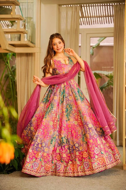 Elegant Pure Jimmy Organza Silk Digital Printed Anarkali Gown with Dupatta | Party Wear Fully Stitched Outfit