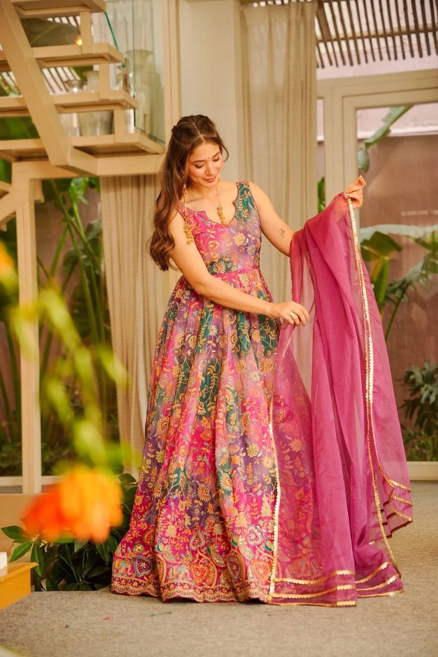Elegant Pure Jimmy Organza Silk Digital Printed Anarkali Gown with Dupatta | Party Wear Fully Stitched Outfit