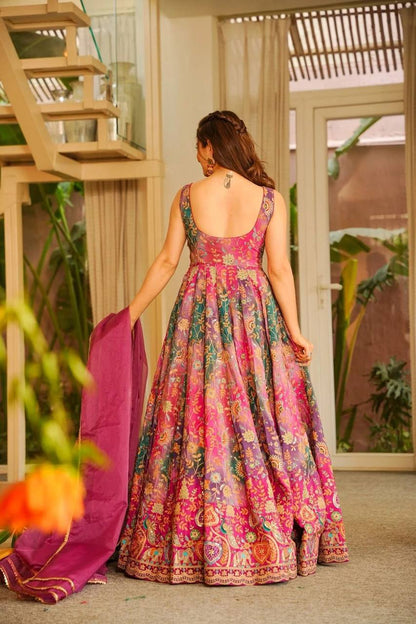 Elegant Pure Jimmy Organza Silk Digital Printed Anarkali Gown with Dupatta | Party Wear Fully Stitched Outfit