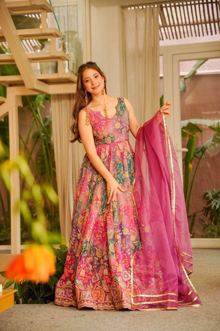 Elegant Pure Jimmy Organza Silk Digital Printed Anarkali Gown with Dupatta | Party Wear Fully Stitched Outfit