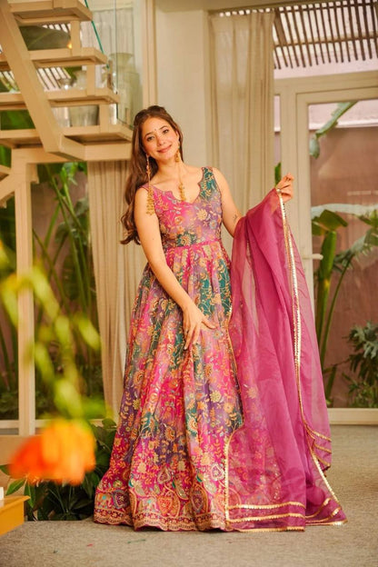 Elegant Pure Jimmy Organza Silk Digital Printed Anarkali Gown with Dupatta | Party Wear Fully Stitched Outfit