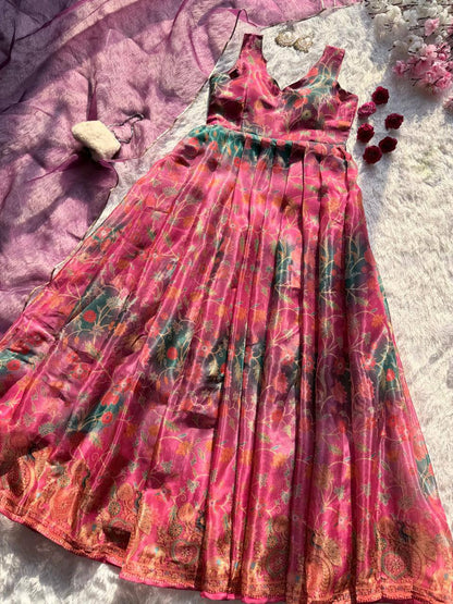 Elegant Pure Jimmy Organza Silk Digital Printed Anarkali Gown with Dupatta | Party Wear Fully Stitched Outfit