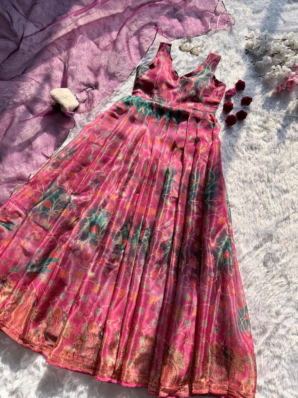 Elegant Pure Jimmy Organza Silk Digital Printed Anarkali Gown with Dupatta | Party Wear Fully Stitched Outfit