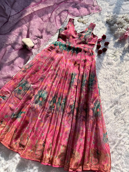 Elegant Pure Jimmy Organza Silk Digital Printed Anarkali Gown with Dupatta | Party Wear Fully Stitched Outfit