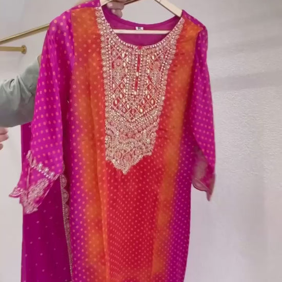 Luxurious Designer Chinnon Suit Set – Fully Stitched Top-Bottom-Dupatta Ensemble with Exquisite Embroidery and Real Mirror Work!