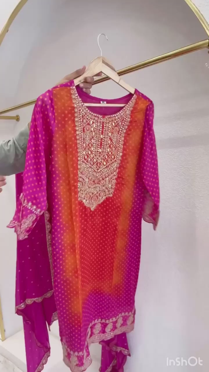 Luxurious Designer Chinnon Suit Set – Fully Stitched Top-Bottom-Dupatta Ensemble with Exquisite Embroidery and Real Mirror Work!