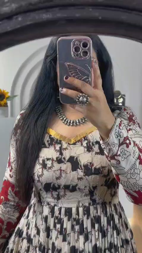 Stylish Kalamkari 3-Piece Gown, Jacket & Dupatta Set – Fully Stitched Ready to Wear
