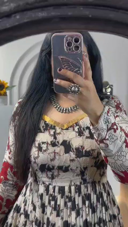 Stylish Kalamkari 3-Piece Gown, Jacket & Dupatta Set – Fully Stitched Ready to Wear