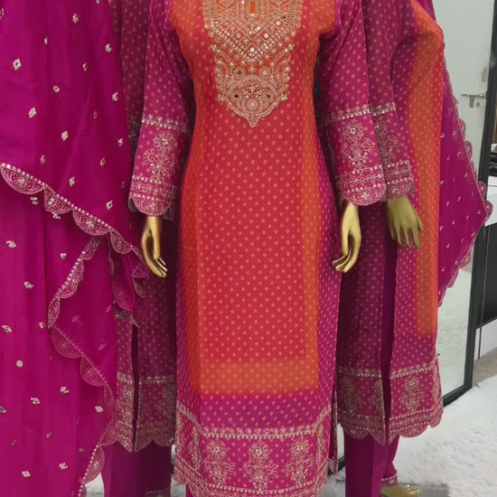 Luxurious Designer Chinnon Suit Set – Fully Stitched Top-Bottom-Dupatta Ensemble with Exquisite Embroidery and Real Mirror Work!