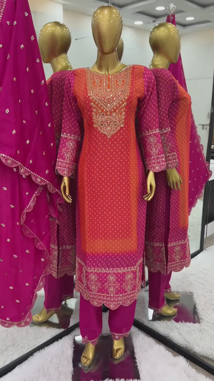 Luxurious Designer Chinnon Suit Set – Fully Stitched Top-Bottom-Dupatta Ensemble with Exquisite Embroidery and Real Mirror Work!
