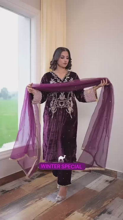 Stylish Designer Velvet Sequence Embroidery Suit with Dupatta – Perfect for Winter Elegance