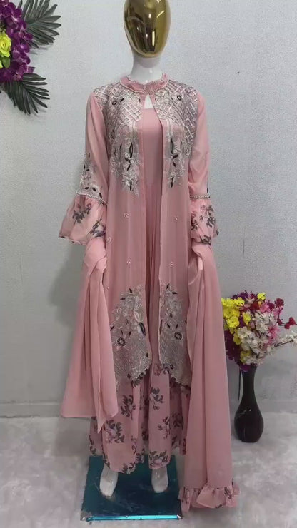 NEW DESIGNER PARTY WEAR EMBROIDERY WORK 3-PIECE GOWN SUIT SET