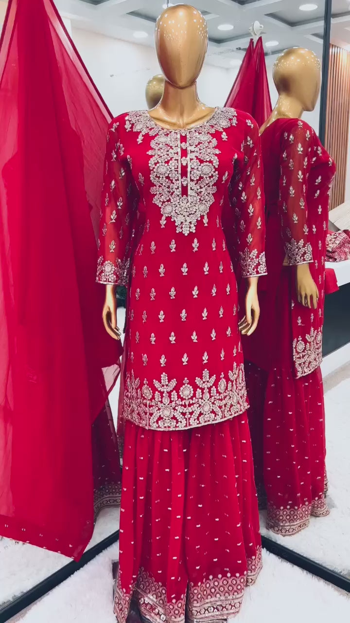 New Designer Party Wear Top-Gharara-Dupatta Set – Unmatched Elegance for Any Occasion!
