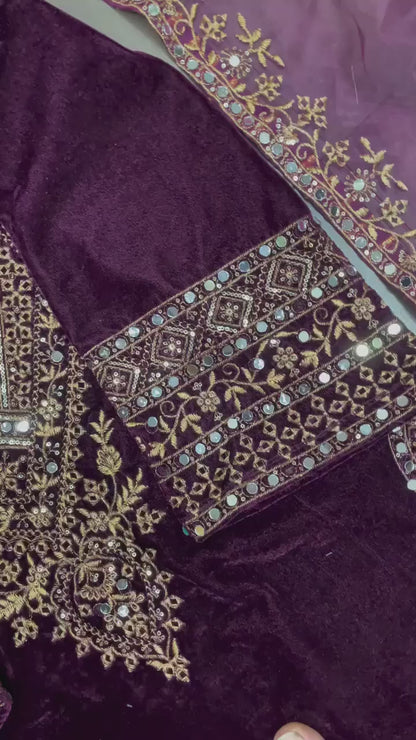 Adorable Heavy Velvet Sequence Embroidery Suit Set with Pant & Dupatta